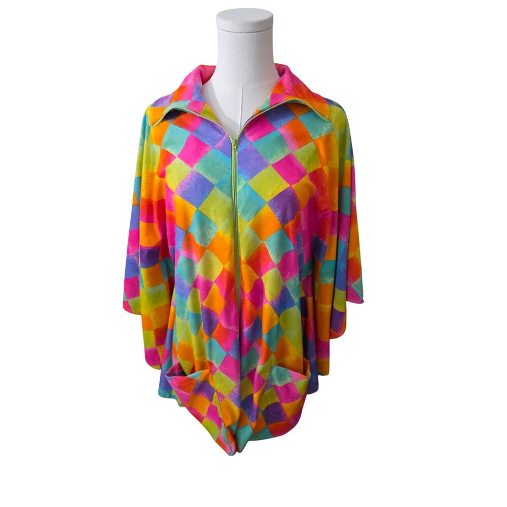 VTG 70s Escapades LTD Harlequin Diamond Zip Front Jacket Shirt Top M Unicorn